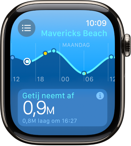 Een scherm in de Getijden-app met getijdeninformatie voor een locatie.