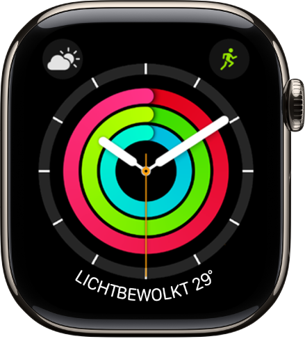 De wijzerplaat Activiteit analoog die de tijd laat zien en aangeeft wat je vorderingen zijn ten opzichte van je dagelijkse doel voor bewegen, trainen en staan. Er zijn ook drie complicaties: linksboven Weer, rechtsboven Work-out en onderin Weersomstandigheden.