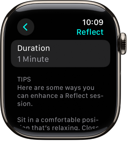 Mindfulness-appen viser en varighet på ett minutt øverst. Under vises tips til hvordan man kan forbedre en Reflekter-økt.