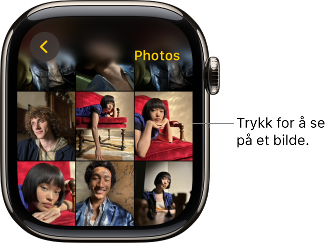 Hovedskjermen i Bilder-appen på Apple Watch, med flere bilder i et rutenett.