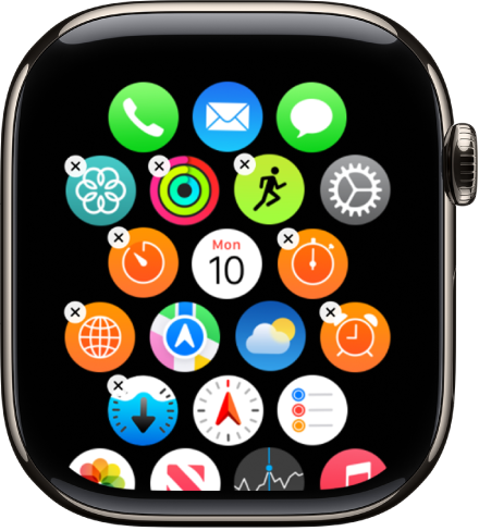 Izgara görüntüsünde simgelerin gösterildiği Apple Watch uygulamasındaki Yerleşim ekranı.