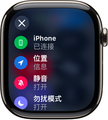 状态详细信息显示 iPhone 已连接、“信息”正在使用位置、静音模式已打开并且勿扰模式已打开。