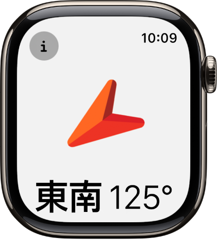 「指南針」App 顯示一個大箭頭，指向下方出現的航向方向。「資訊」按鈕位於左上角。