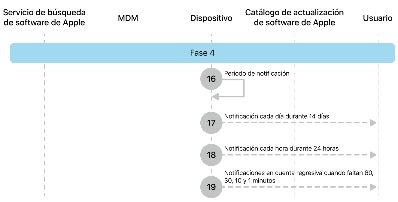 La cuarta fase mostrando los pasos del 16 al 19 de la imposición de actualización de software de Apple.