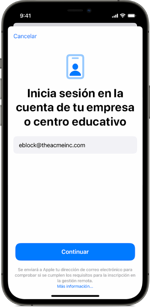 Pantalla de un iPhone con la interfaz de inscripción de usuario.