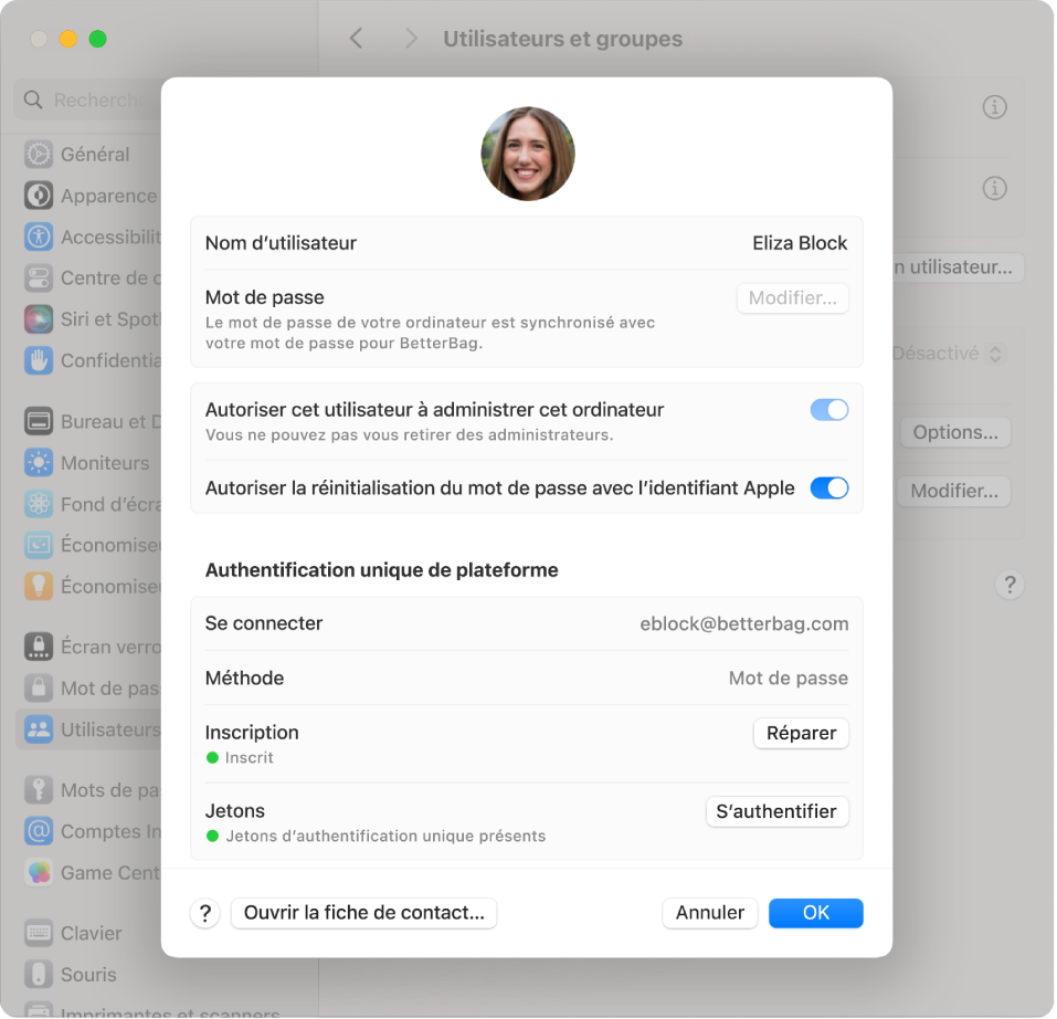 Une fenêtre de Mac affichant un utilisateur connecté à lʼaide de lʼauthentification unique sur la plateforme.