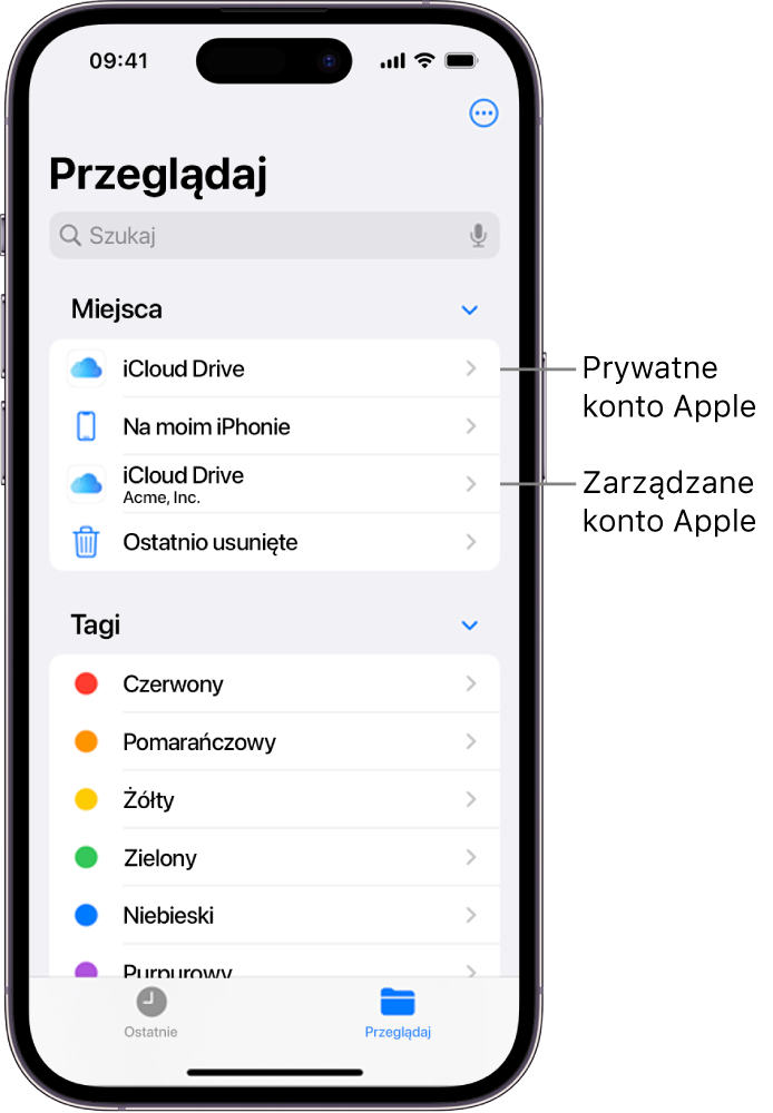 Ekran iPhone’a wyświetlający iCloud Drive użytkownika korzystającego z osobistego konta Apple oraz zarządzanego konta Apple.