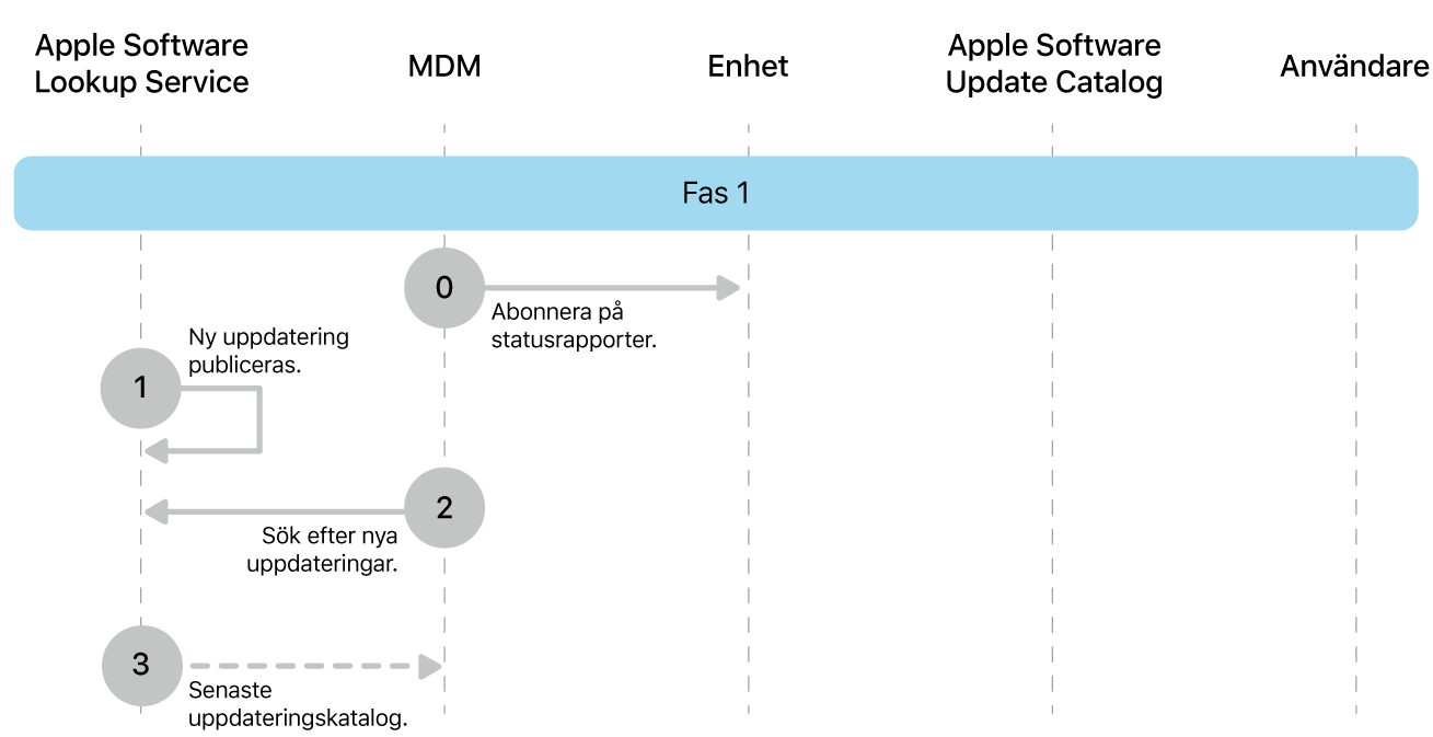 Fas 1 visar steg 0 till 3 i genomdrivingen av Apple-programuppdateringar.