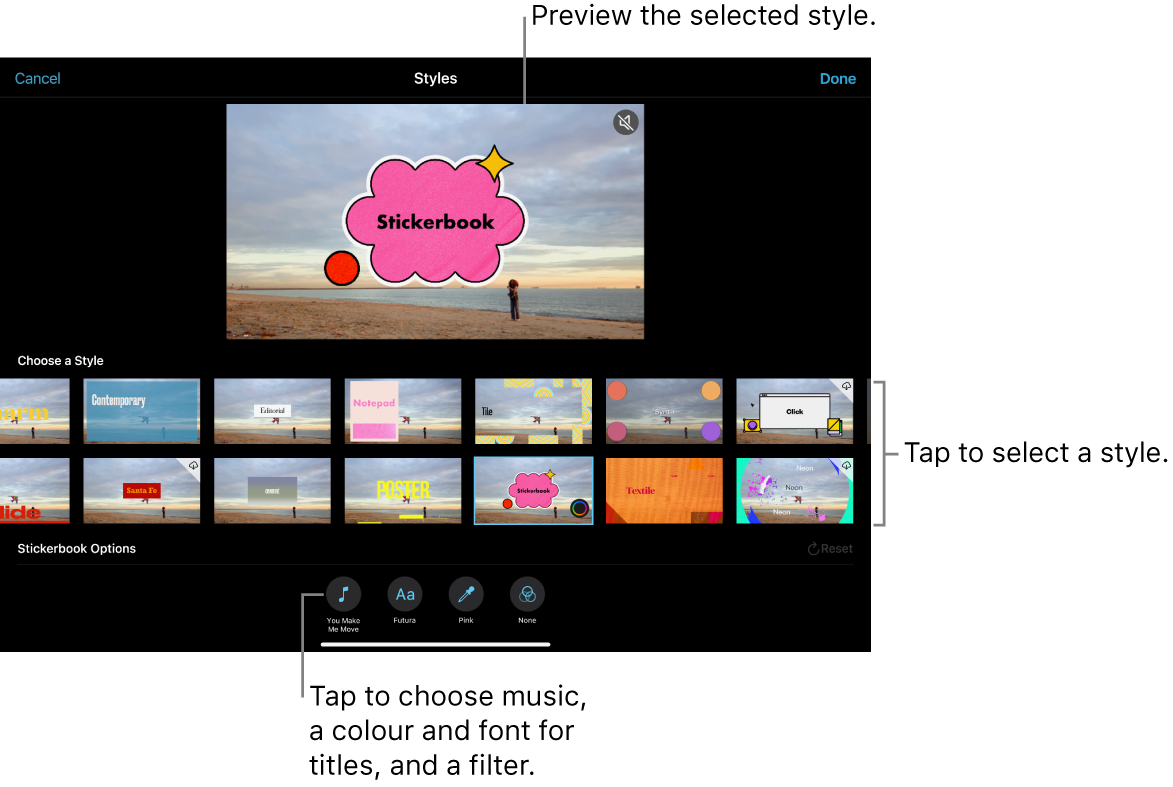 The viewer showing a preview of a selected style, with style options below. Buttons for adding music, selecting a colour and font for titles and adding a filter are at the bottom of the screen.