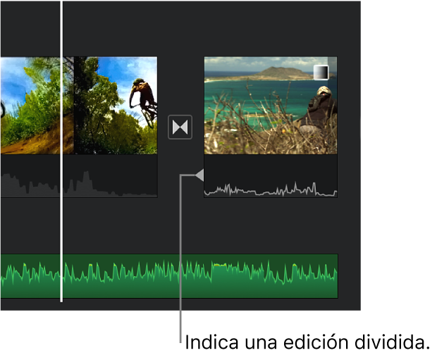 Un indicador de edición dividida aparece en la porción de audio de una transición en la línea del tiempo.