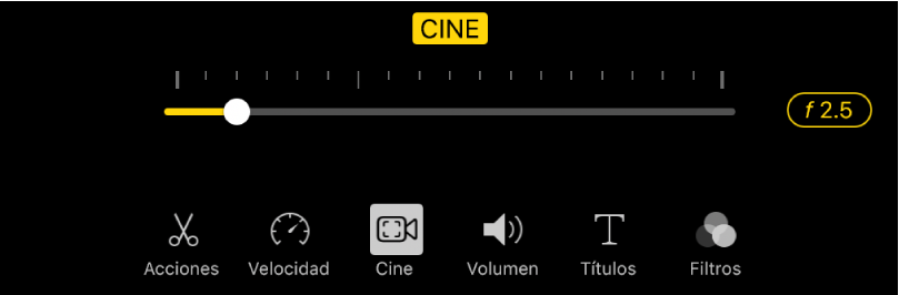 El regulador Profundidad de campo, disponible al tocar el botón Cine.