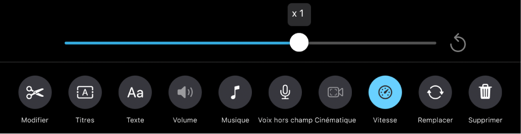 Le curseur de vitesse réglé à une vitesse de une fois, avec le bouton Réinitialiser à droite et le bouton Vitesse en dessous.