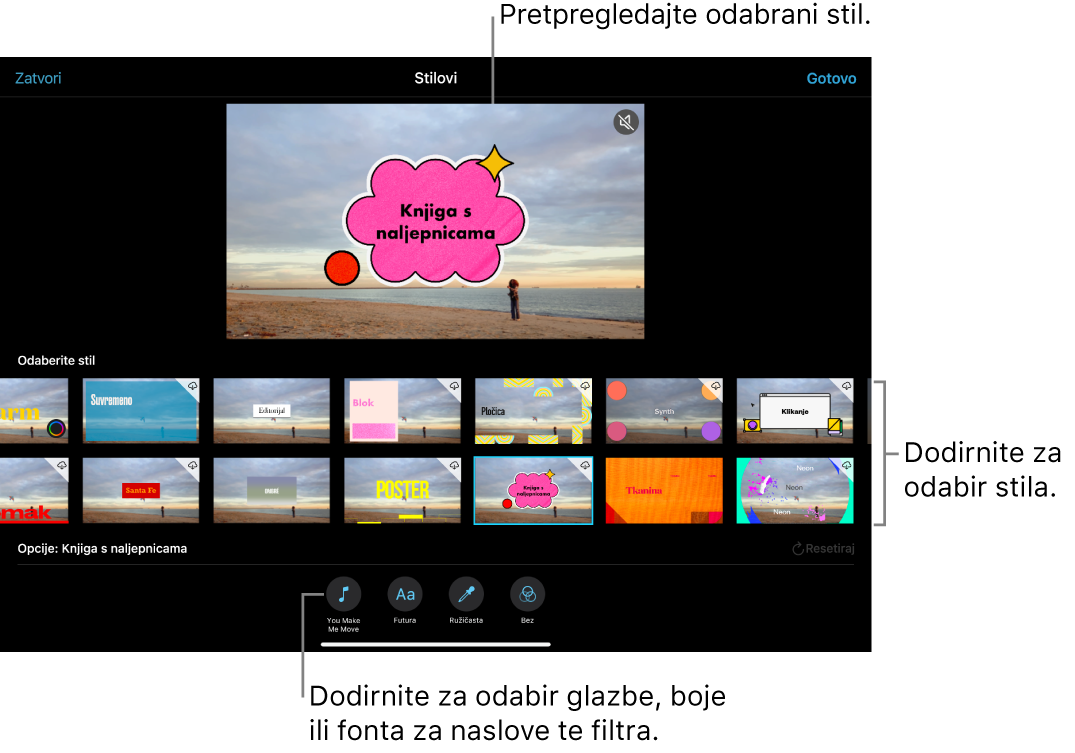 Preglednik prikazuje pretpregled odabranog stila, s opcijama stila ispod. Tipke za dodavanje glazbe, odabir boje i fontova za titlove te dodavanje filtra pri dnu zaslona.