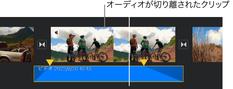 タイムライン内のビデオクリップ。下には切り離された青色のオーディオクリップがあります。