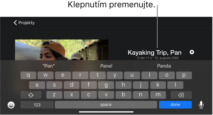 Upravovaný názov projektu s klávesnicou zobrazenou nižšie.