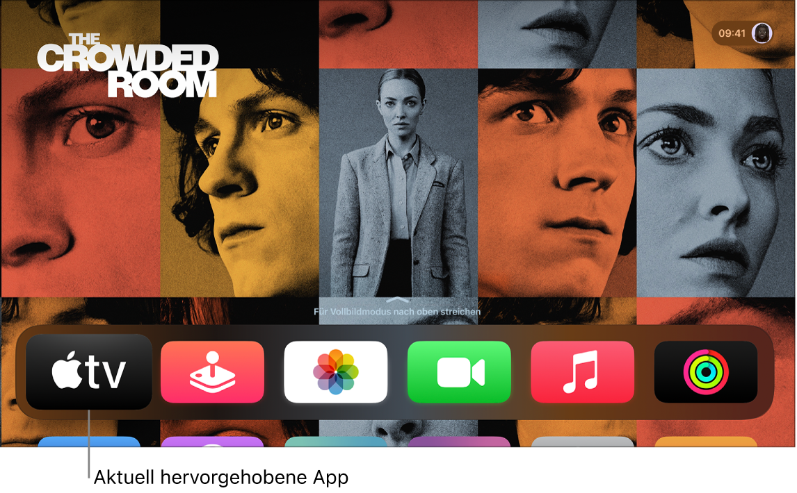 Der Home-Bildschirm des Apple TV mit der hervorgehobenen Apple TV App.