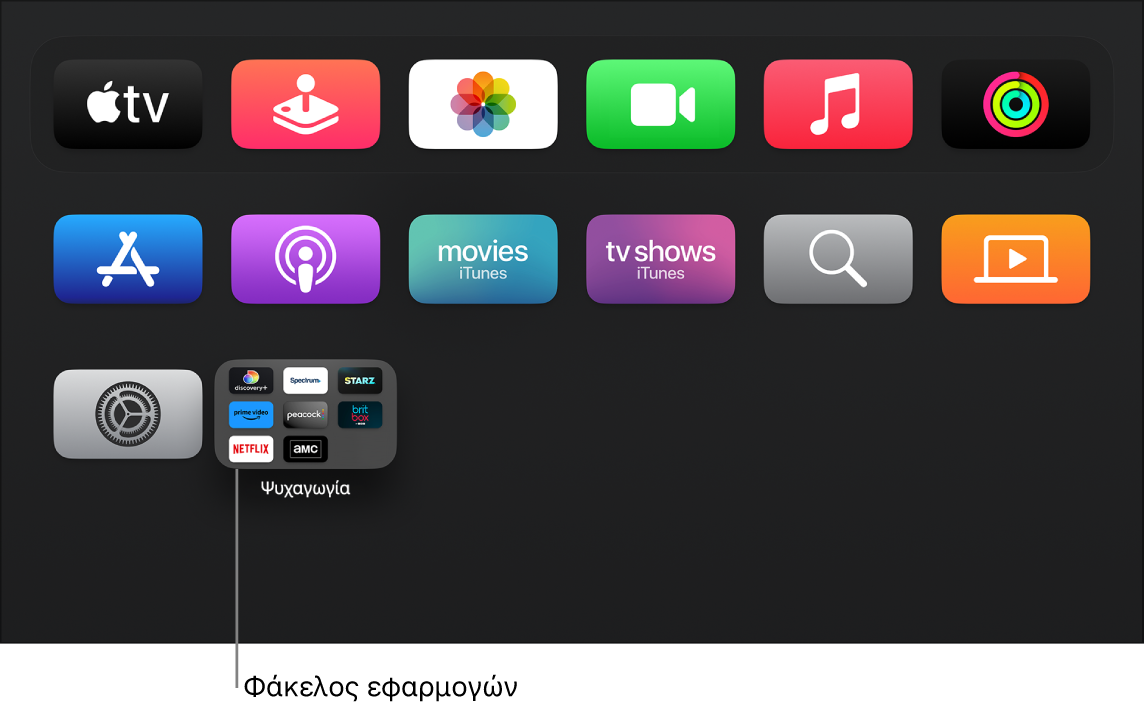 Οθόνη Αφετηρίας του Apple TV όπου φαίνεται ένας φάκελος εφαρμογών.