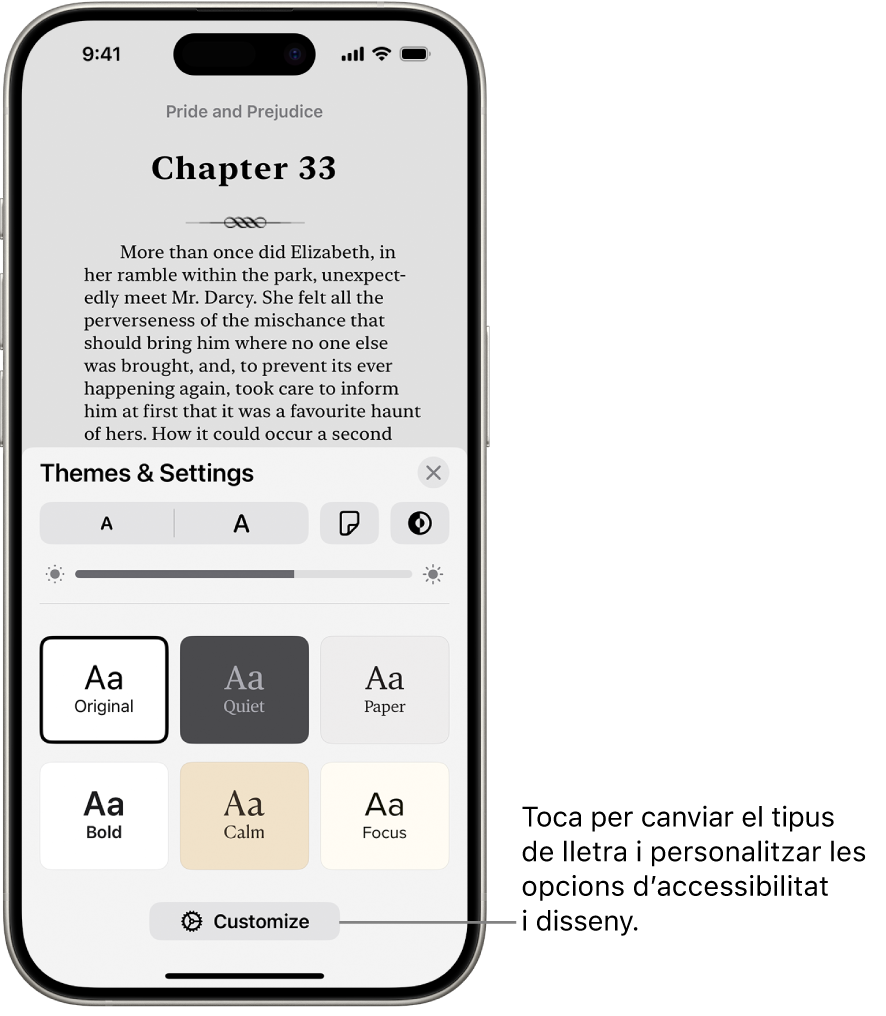 Pàgina d’un llibre a l’app Llibres. Les opcions de temes i configuració mostren els controls de mida de lletra, vista de desplaçament, estil en girar els fulls, brillantor i estils de lletra.