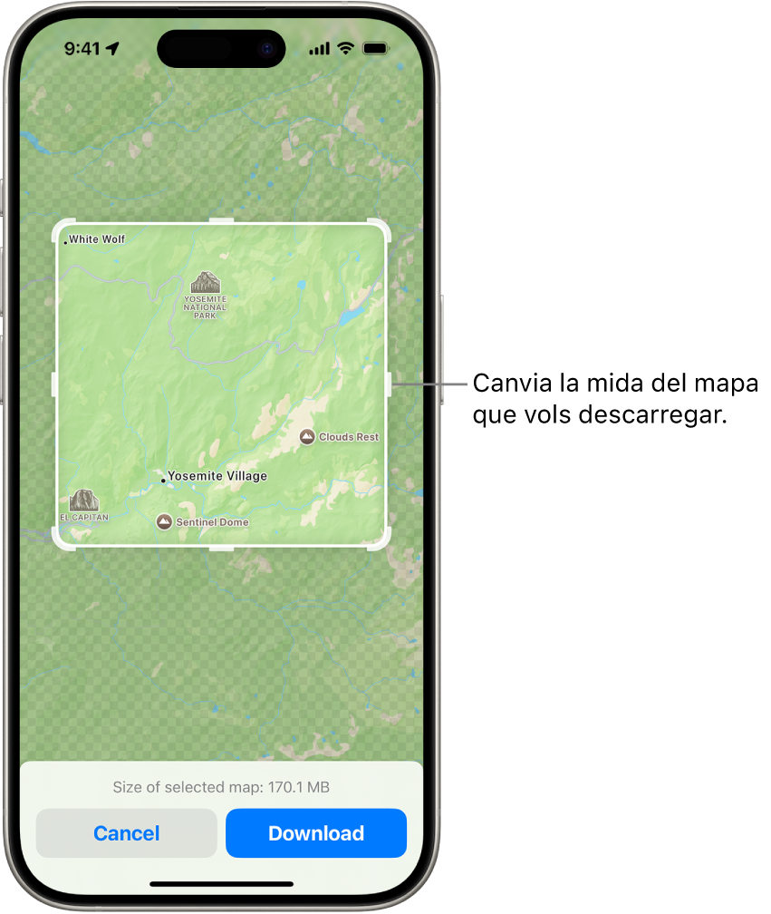 Un mapa d’un parc nacional. El parc està envoltat d’un rectangle amb marcadors, que es poden moure per canviar la mida del mapa per descarregar-lo. La mida de descàrrega del mapa seleccionada s’indica a prop de la part inferior del mapa. Els botons “Cancel·lar” i “Descarregar” es troben a la part inferior de la pantalla.