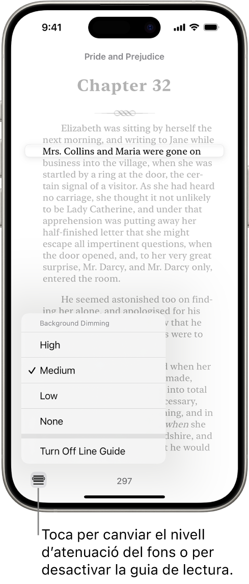 Pàgina d’un llibre a l’app Llibres. Es ressalta una sola línia de text i la resta s’atenua. A la part inferior esquerra de la pantalla hi ha el botó “Menú de la guia de lectura”.