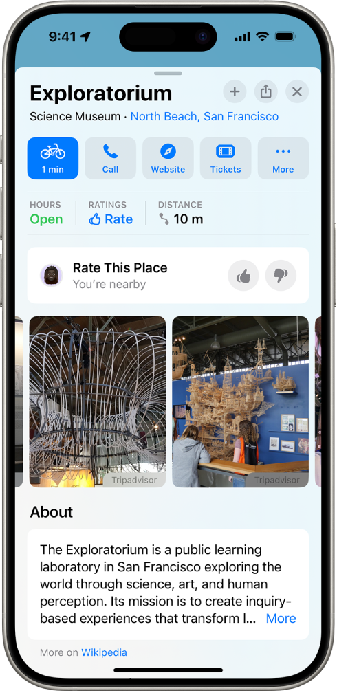 La targeta de lloc d’un museu amb estat obert, valoracions, una descripció, fotos i botons per trucar-hi, anar al lloc web o comprar-ne entrades.