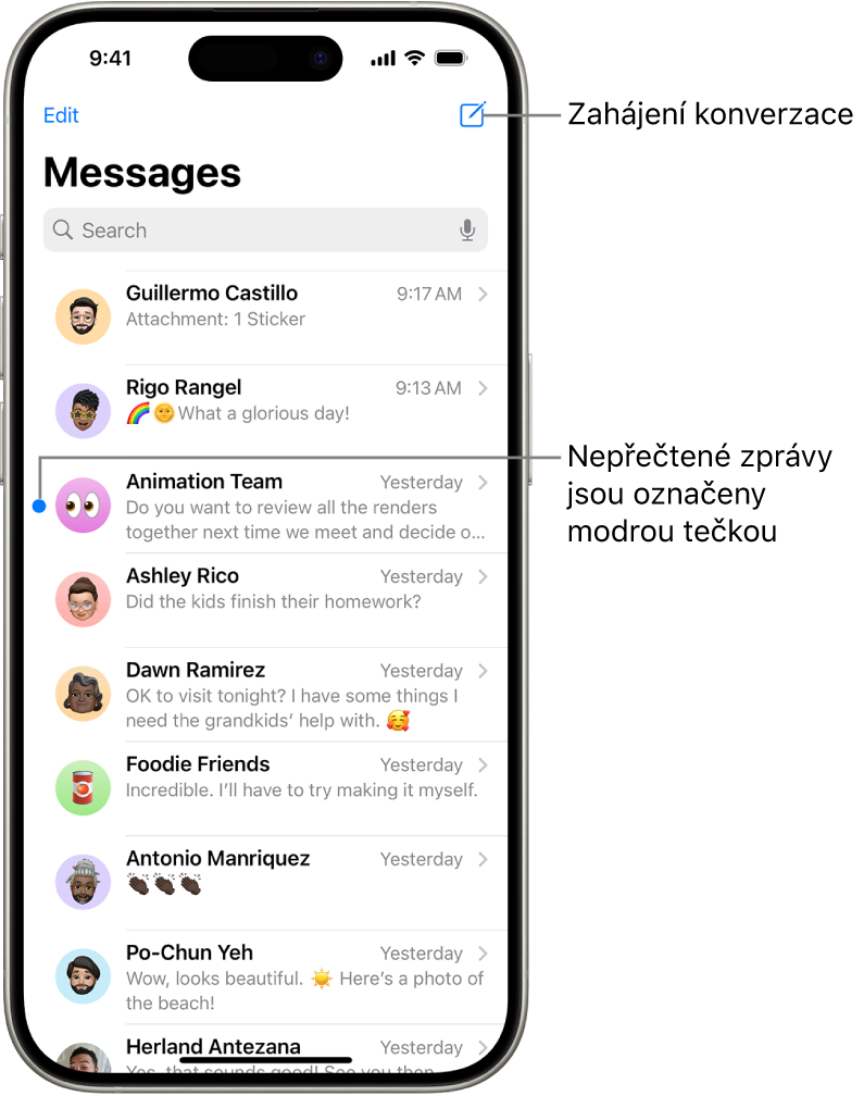Seznam konverzací v aplikaci Zprávy s tlačítkem Sestavit vpravo nahoře. Nepřečtené zprávy jsou označeny modrou tečkou vlevo od zprávy.