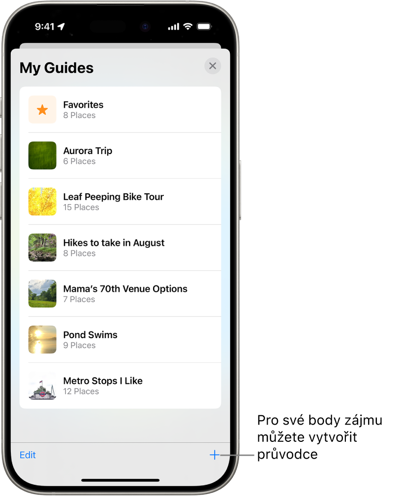 Seznam několika vlastních průvodců v aplikaci Mapy s kategorií Oblíbené a tlačítkem Nový průvodce vpravo dole