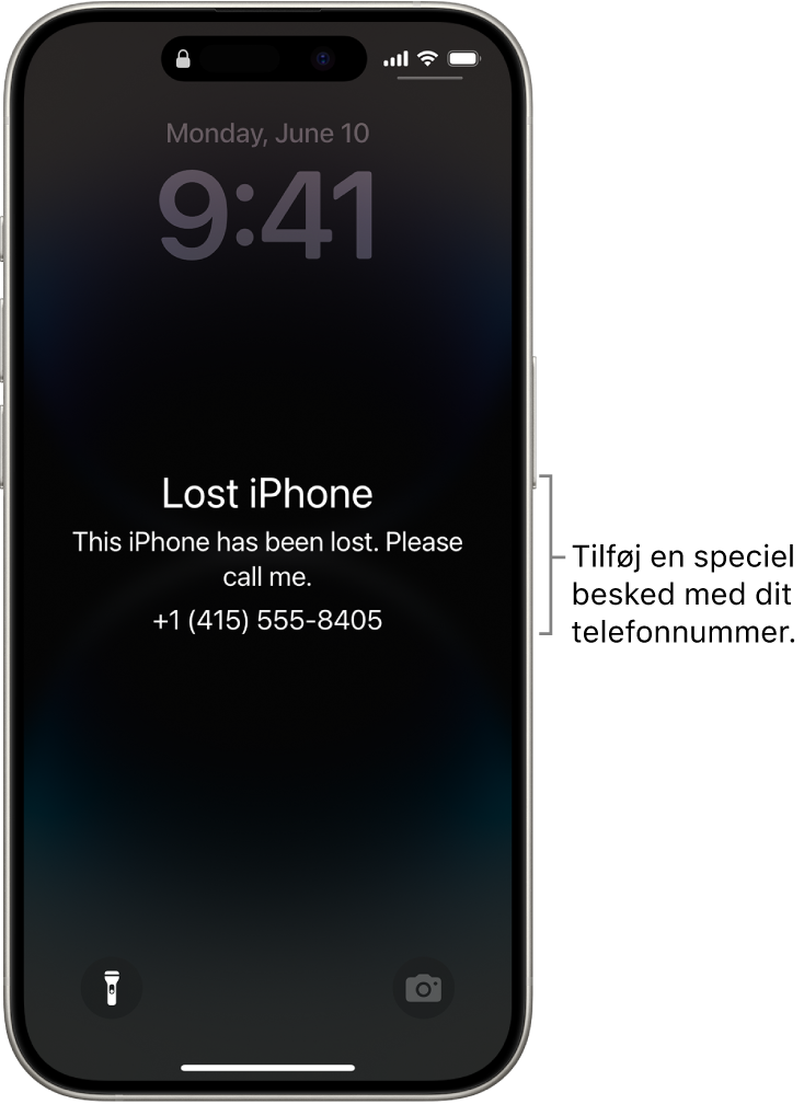 Låseskærmen på en iPhone med en besked om mistet iPhone. Du kan tilføje din egen besked med dit telefonnummer.