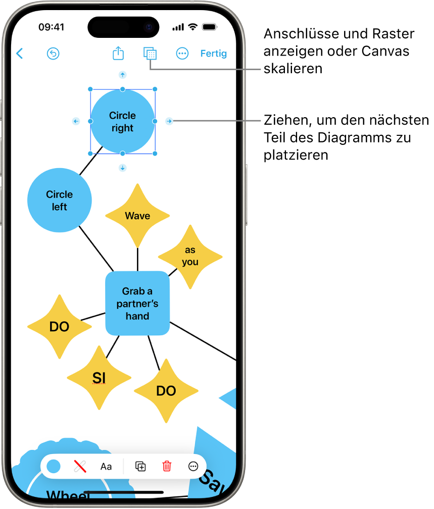 Ein Diagramm auf einem Freeform-Board mit Verbindungselementen auf einer ausgewählten Form und den Formatierungswerkzeugen für Formen unten auf dem Bildschirm.