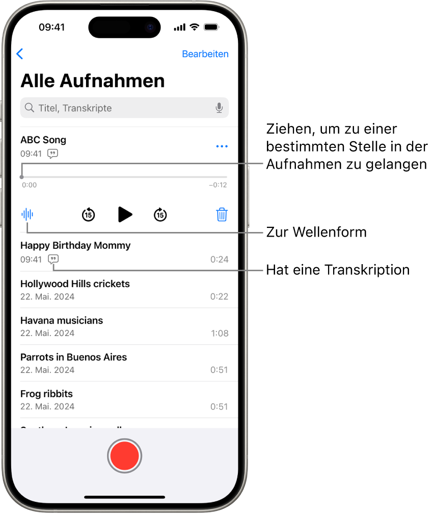 Der Bildschirm der App „Sprachmemos“ mit der Liste der Aufnahmen und der ausgewählten Aufnahme oben. In der Timeline der Aufnahme befindet sich die Abspielposition, die du zu einer bestimmten Stelle in deiner Aufnahme bewegen kannst. Unter der Timeline sind die Steuerelemente für die Wiedergabe.