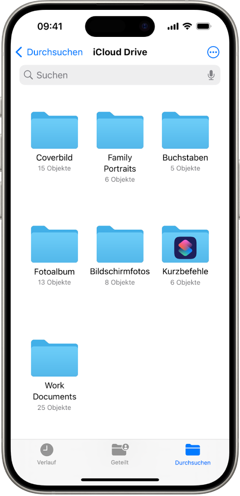 Die App „Dateien“ mit mehreren iCloud Drive-Ordnern mit den Namen „Artwork“, „Family Portraits“, „Letters“, „Scrapbook“, „Screenshots“, „Shortcuts“ und „Work Documents“. Unten auf dem Bildschirm befinden sich die Tasten „Verlauf“, „Geteilt“ und „Durchsuchen“.