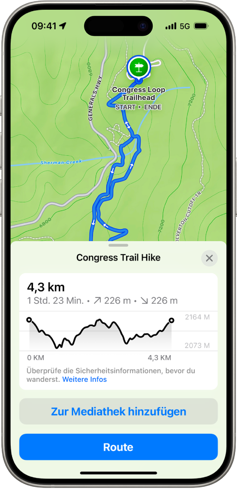 Eine Übersicht einer ladbaren Wanderung mit Distanz, Höhenprofil, geschätzter Dauer und Optionen zum Sichern oder Erhalten einer Wegbeschreibung zum Startpunkt der Wanderung.