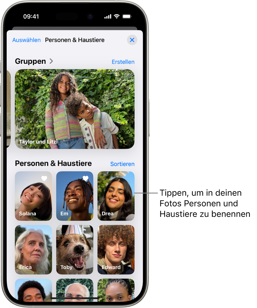 Die Sammlung „Personen & Haustiere“ in der App „Fotos“. Gruppen erscheinen oben und Personen und Haustiere werden darunter aufgeführt.