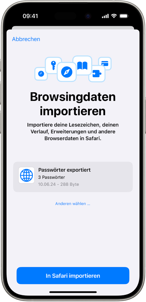 Der Bildschirm „Browsingdaten importieren“ mit der CSV-Datei mit Passwörtern von einem anderen Passwortmanager, die importiert werden soll.