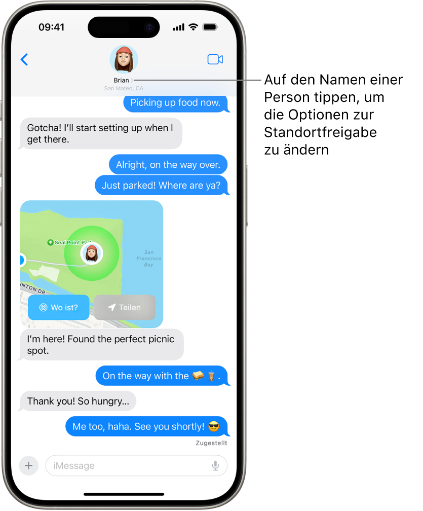 Eine Konversation in der App „Nachrichten“ mit einem geteilten Standort unter der Verwendung von „Genaue Suche“.