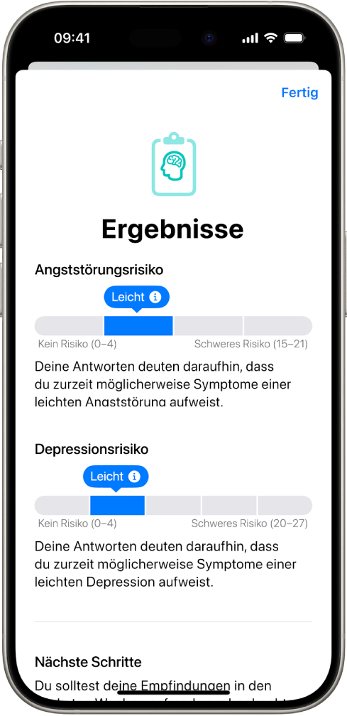 Ein Bildschirm mit den Ergebnissen eines Fragebogens zur psychischen Gesundheit in der App „Health“.