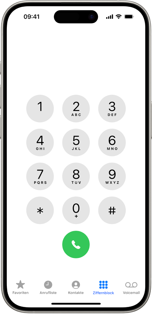 Der Ziffernblock in der App „Telefon“ mit den Ziffern 1 bis 9. Unter dem Ziffernblock ist die grüne Taste „Anrufen“ zu sehen. Unten befinden sich die Tasten für Favoriten, Anrufliste, Kontakte, Ziffernblock (ausgewählt) und Voicemail.