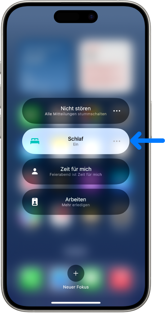 Der Bildschirm „Fokus“ mit dem aktivierten Fokus „Schlafen“ und den deaktivierten Fokusoptionen „Nicht stören“, „Zeit für mich“ und „Arbeiten“.