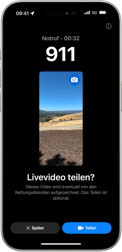 Ein Bildschirm „Live-Video bei Notruf SOS“, der einen Notruf mit einer Videovorschau in der Mitte zeigt. Unten sind die Tasten „Später“ und „Video teilen“ zu sehen.