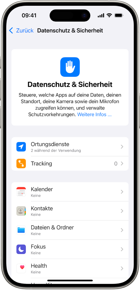 Der Bildschirm „Datenschutz & Sicherheit“ mit Einstellungen für Ortungsdienste und Tracking sowie Einstellungen zum Verwalten der Apps, die auf deine Daten zugreifen können.