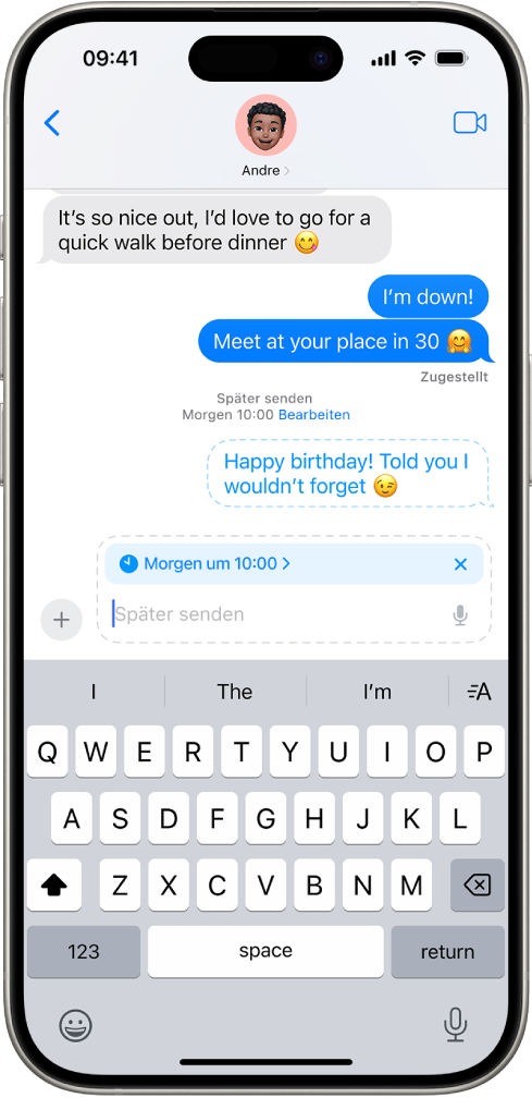Ein Konversation in der App „Nachrichten“ mit einer geplanten Nachricht, die zu einem späteren Zeitpunkt gesendet wird.