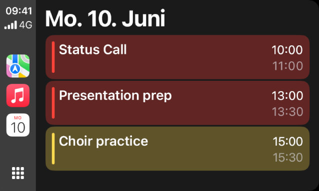 CarPlay mit den Optionen „Karten“, „Musik“ und „Kalender“ in der Seitenleiste. Auf der rechten Seite werden Ereignisse für Montag, den 5. Juni angezeigt: Portfolio-Arbeitssitzung, Workshop für Leadership Skills, Präsentationsvorbereitung und Chorprobe.