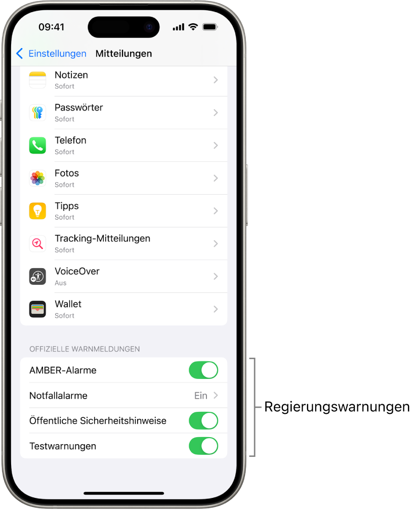 Der Bildschirm „Mitteilungen“ mit der aktivierten Funktion „Offizielle Warnmeldungen“, um behördliche Warnmeldungen zu erhalten.
