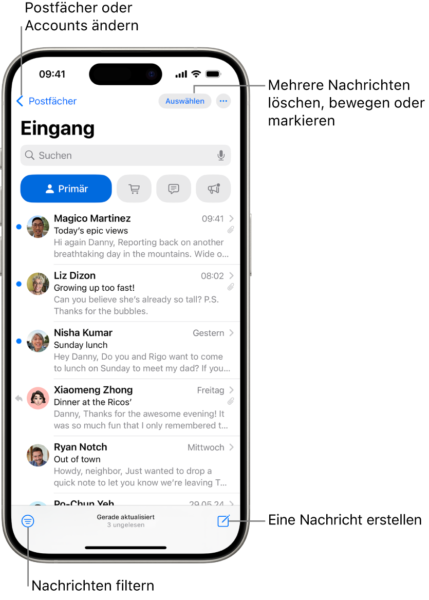 Der Posteingang der App „Mail“ mit einer Liste von E-Mails.