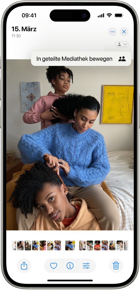 In der App „Fotos“ ist ein Foto geöffnet. Oben rechts befindet sich eine Option zum Bewegen des Fotos in die „Geteilte Mediathek“.
