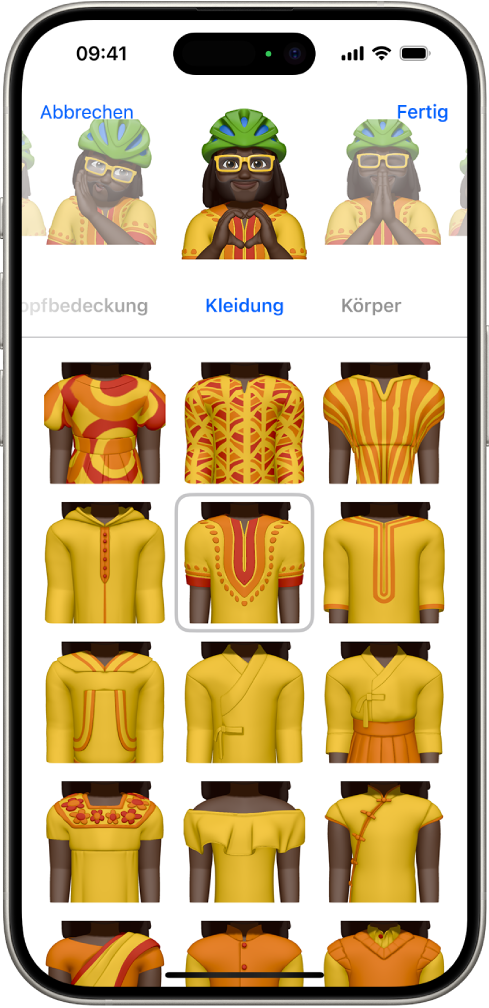 Der Memoji-Bildschirm. Im mittleren Bereich wird die Figur angezeigt, die gerade erstellt wird. Darunter befinden sich die Merkmale zum Anpassen der Figur und darunter Optionen für das ausgewählte Merkmal. Oben rechts befindet sich die Taste „Fertig“ und oben links die Taste „Abbrechen“.