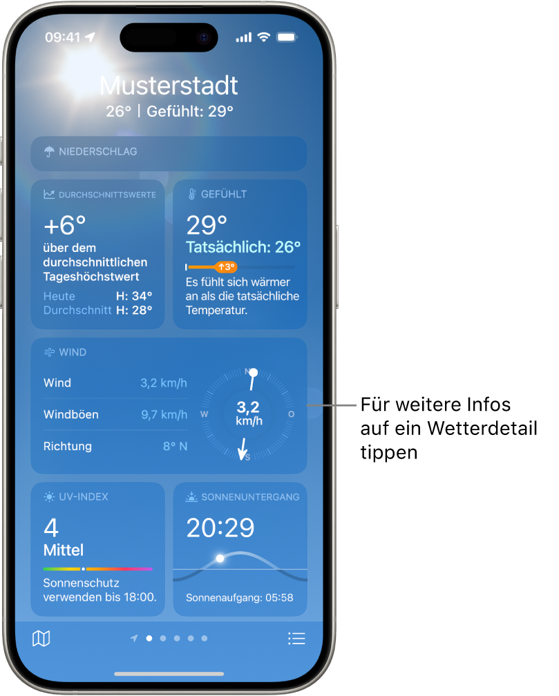 Der Bildschirm „Wetter“ mit dem Standort oben sowie der aktuellen Temperatur und Wetterlage darunter. Im übrigen Bereich der Anzeige befinden sich Wetterdetails zu folgenden Elementen: Luftqualität, Niederschlag, UV-Index und Sonnenuntergang.