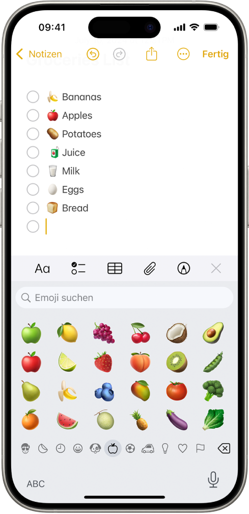 In der oberen Hälfte des Bildschirms ist eine Notiz in der App „Notizen“ geöffnet und in der unteren Hälfte des Bildschirms ist die Emoji-Tastatur geöffnet.