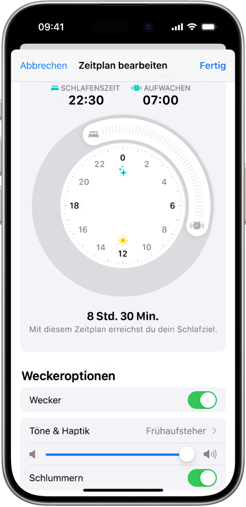 Der Bildschirm „Zeitplan bearbeiten“ in der App „Health“ mit den Uhren „Schlafenszeit“ und „Aufwachen“ oben auf dem Bildschirm und Weckeroptionen unten auf dem Bildschirm.