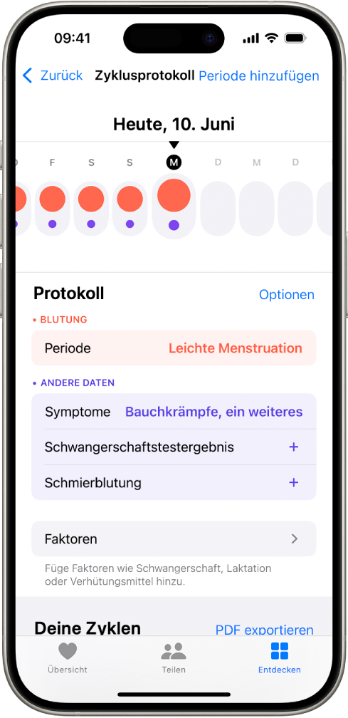 Der Bildschirm „Zyklusprotokoll“ mit der Zeitleiste für eine Woche im oberen Bereich. Die ersten 5 Tage der Zeitleiste sind mit ausgefüllten roten Kreisen und violetten Punkten markiert. Unter der Zeitleiste befinden sich Optionen zum Hinzufügen von Informationen über Perioden, Symptome und mehr.